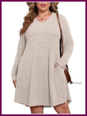 Plus Size Sweater Dress with Pockets V Neck Long Sleeve Fall Winter Casual